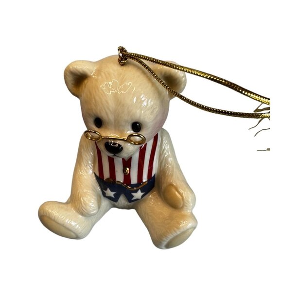 Brandys Teddy 96 Patriotic Bear Ornament Beige Ceramic With Glasses & Box - Picture 3 of 9